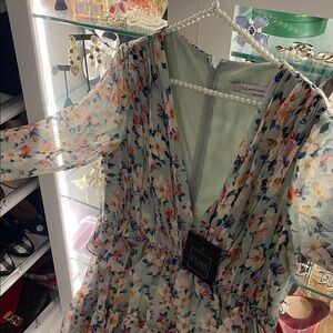 New IEENA for Mac Duggal Multicolor Floral Long, deep V-neck Sleeve Dress